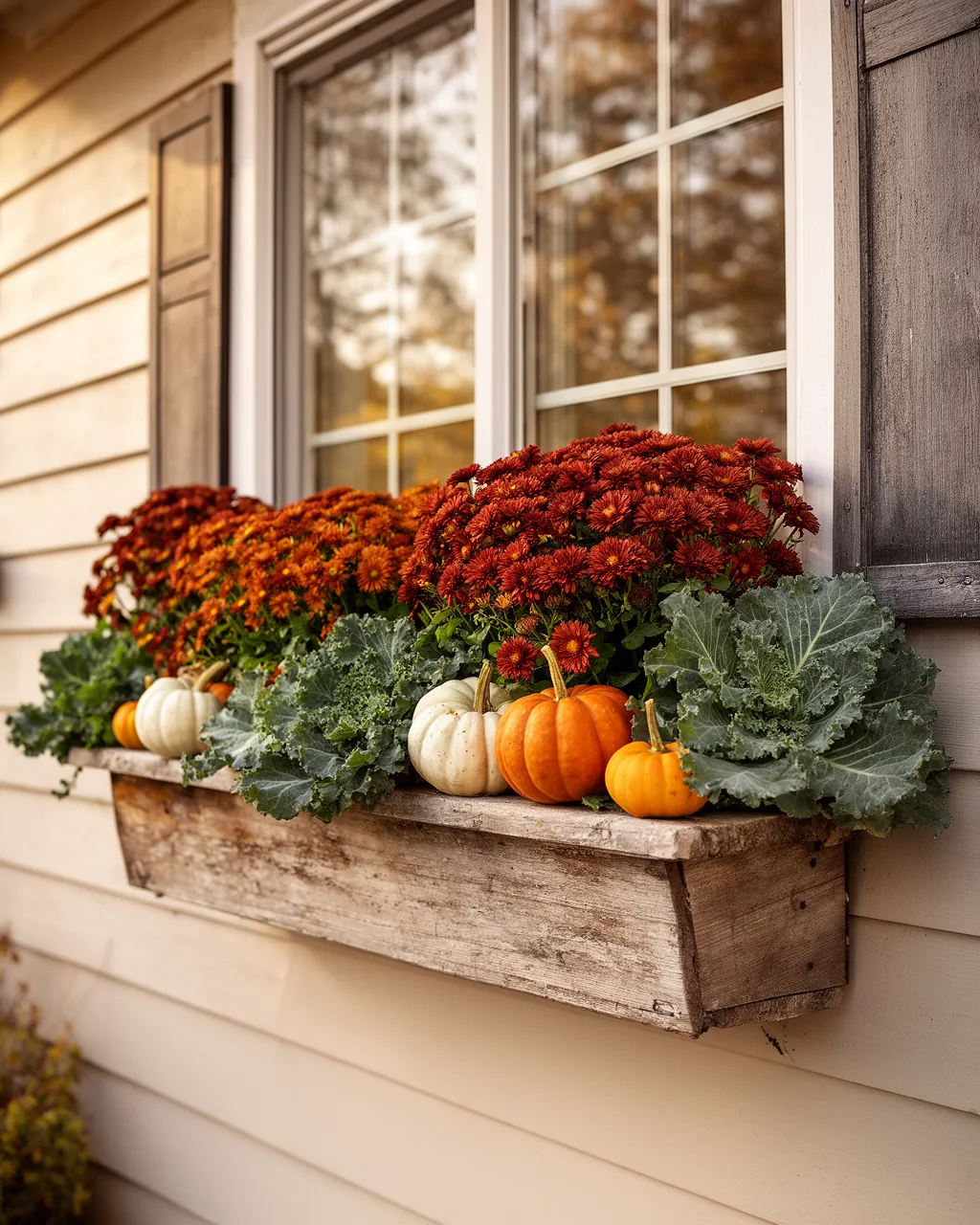 Harvest window box with gourds