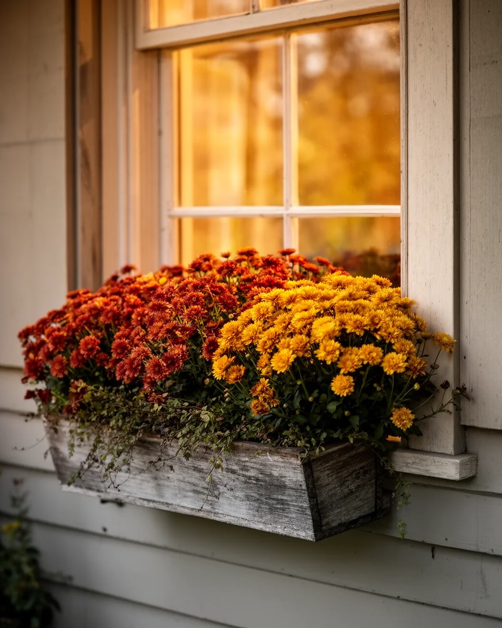 Cozy mum-filled window box