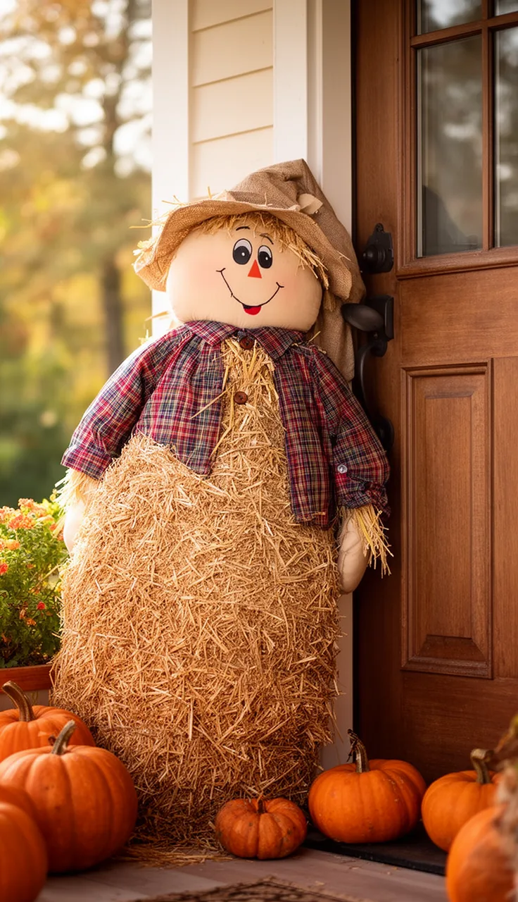 Classic straw-stuffed scarecrow by a cozy front door