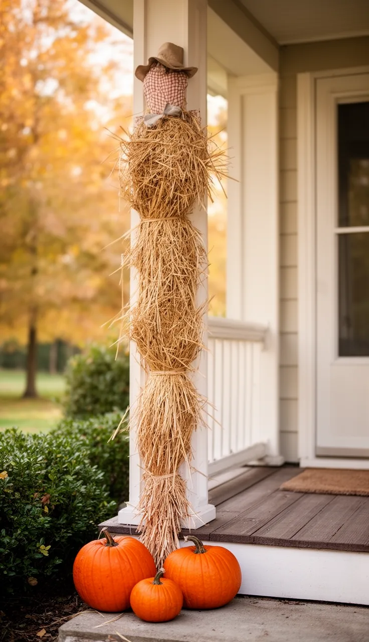 Slim scarecrow tied to a small porch post