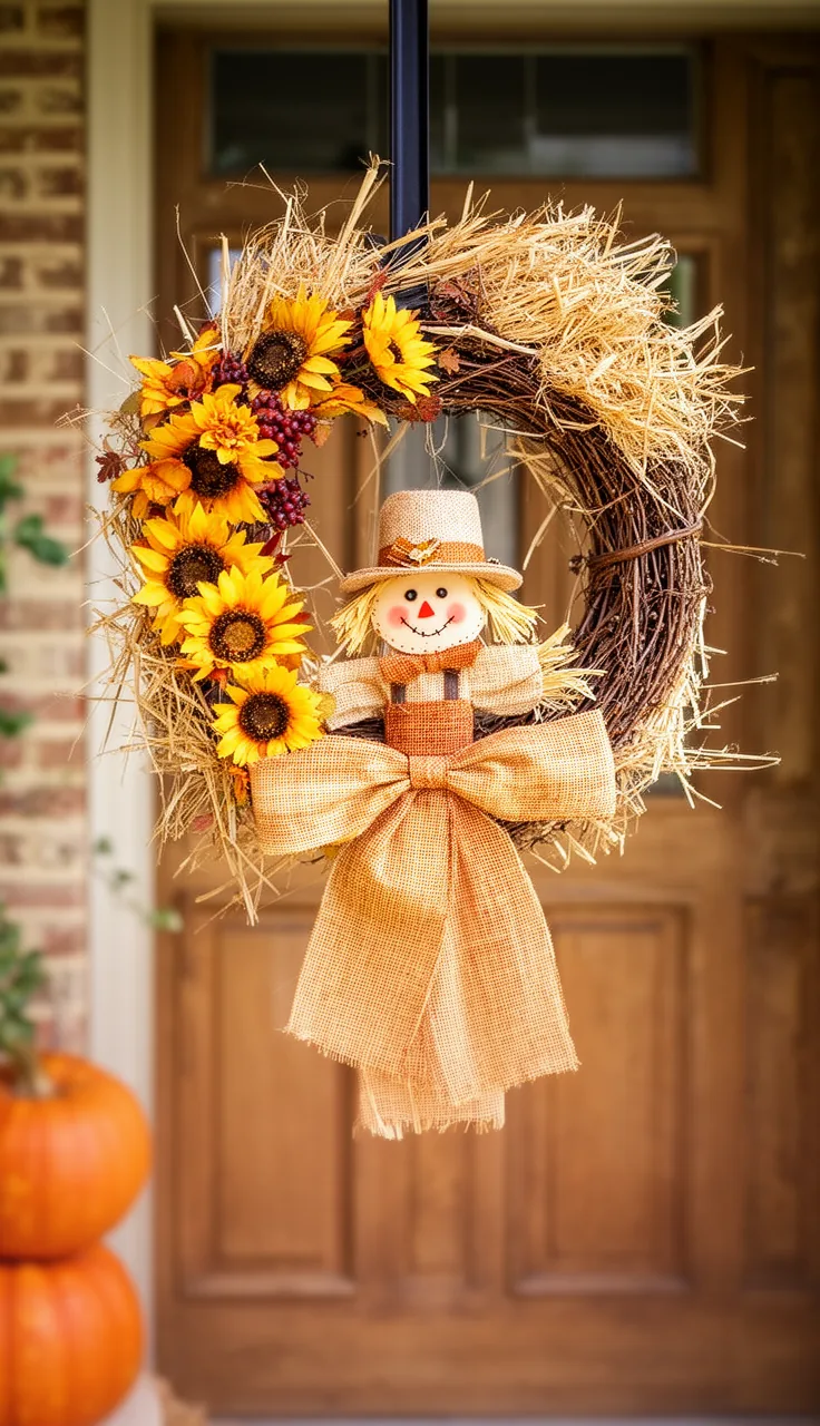 Scarecrow wreath on a welcoming front door