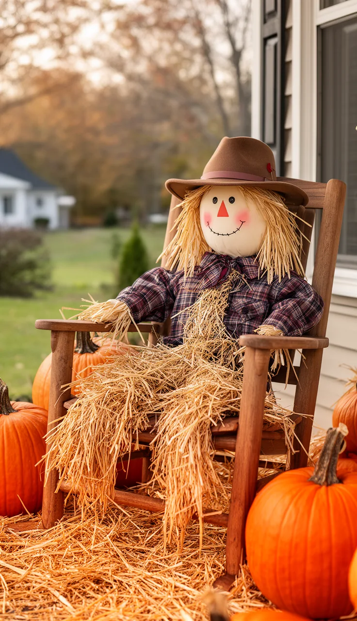 A store-bought scarecrow styled up with a flannel and hat