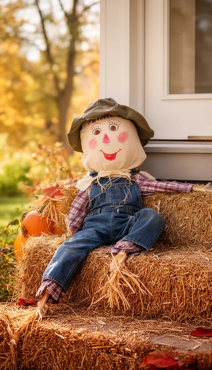 A kid-made family scarecrow on the porch steps