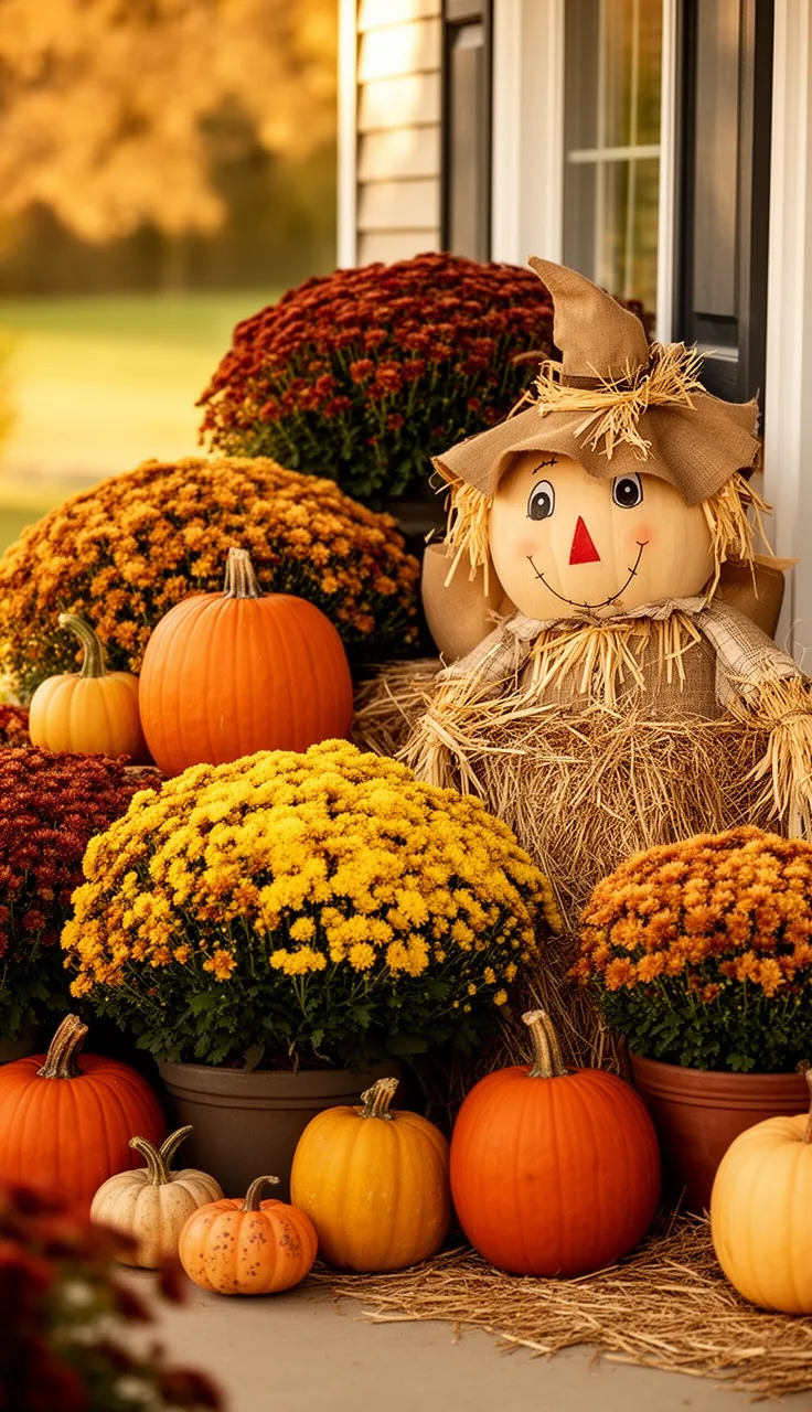 Scarecrow, pumpkins, and mums harvest vignette
