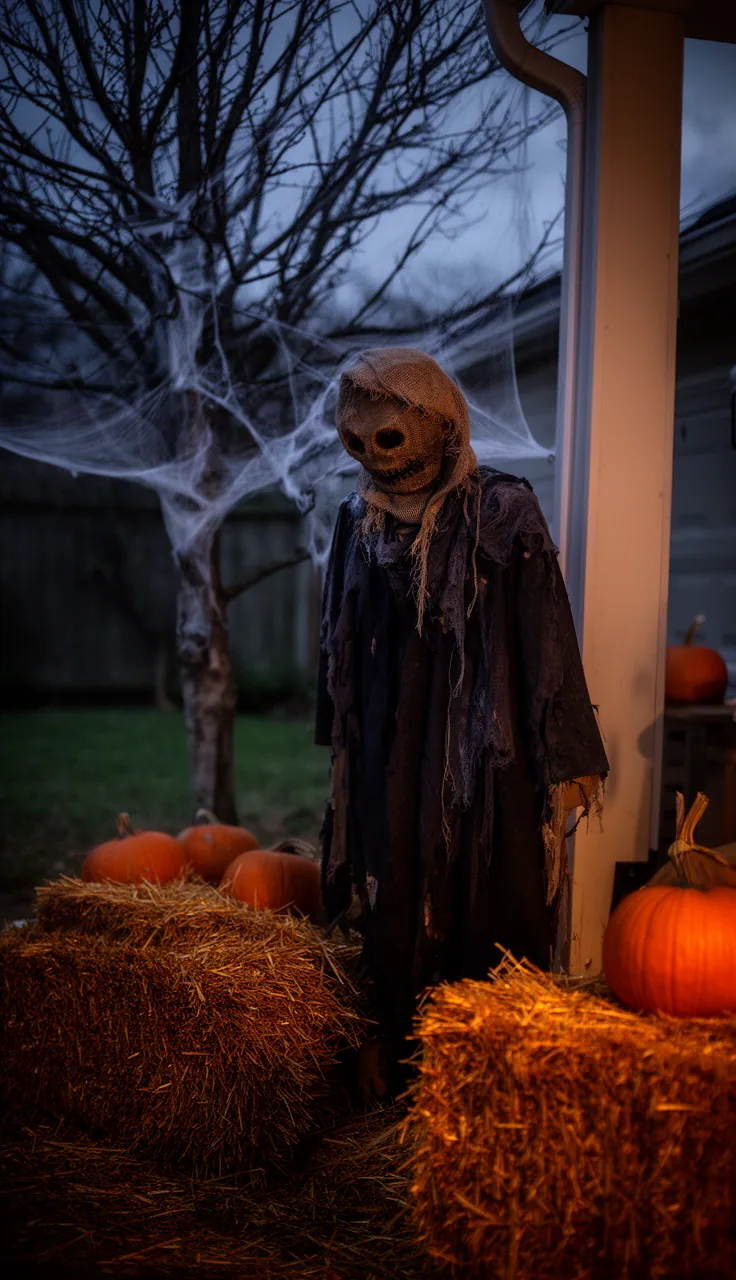 Spooky Halloween scarecrow lurking at dusk