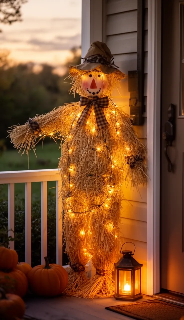 Lighted scarecrow glowing on an evening porch