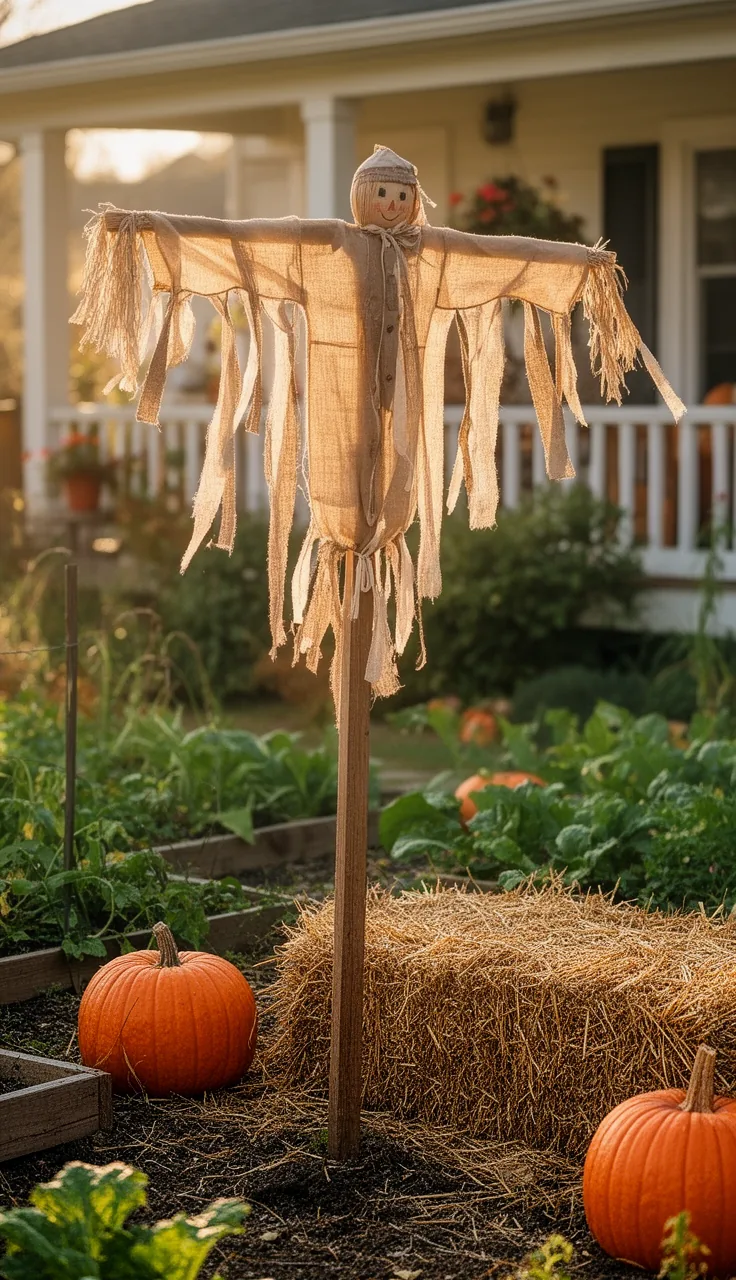 Garden-guardian scarecrow raised high on a stake