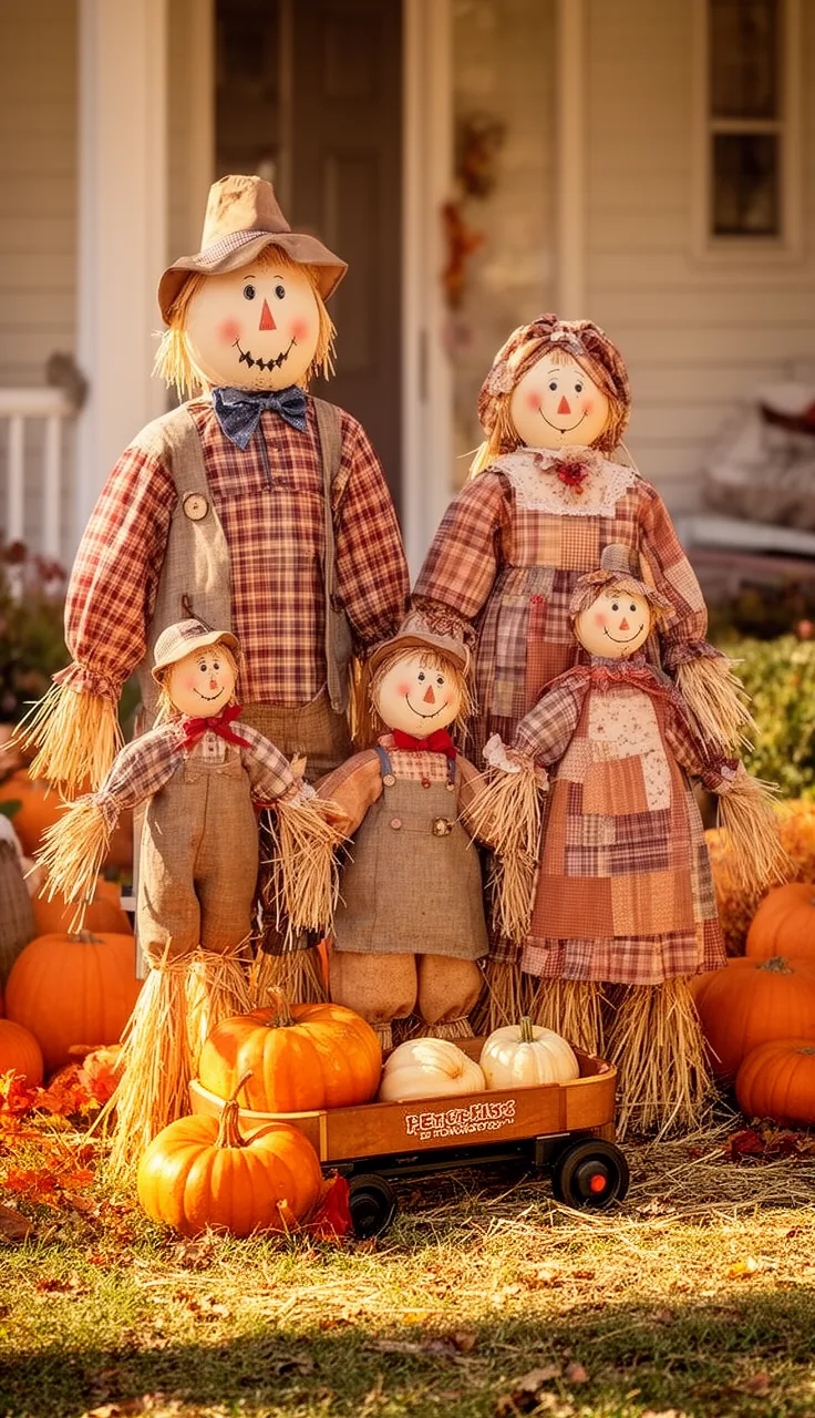 A whole scarecrow family arranged in the front yard