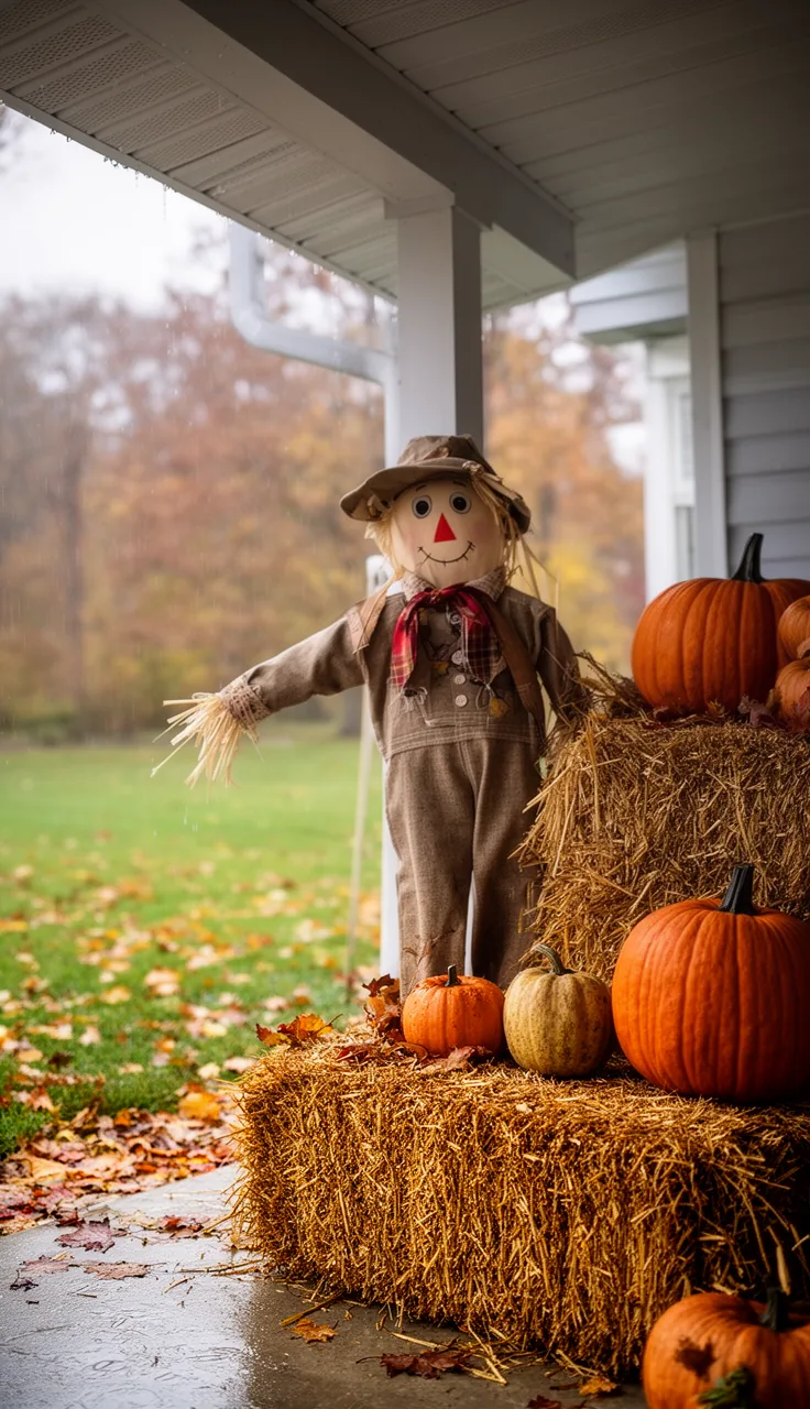 Weatherproof scarecrow sheltered under a porch roof
