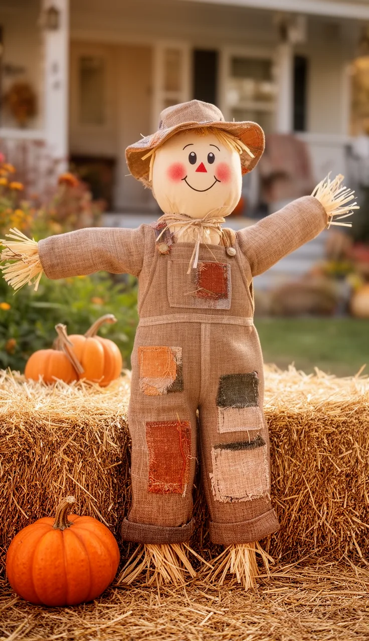 Friendly smiling scarecrow for a family-friendly yard