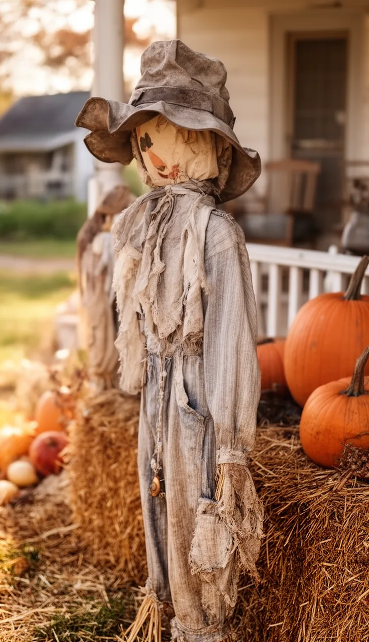 Vintage weathered-look scarecrow with an old-farm feel