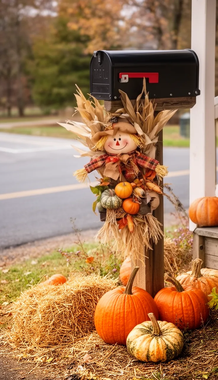 Scarecrow mailbox topper greeting the street
