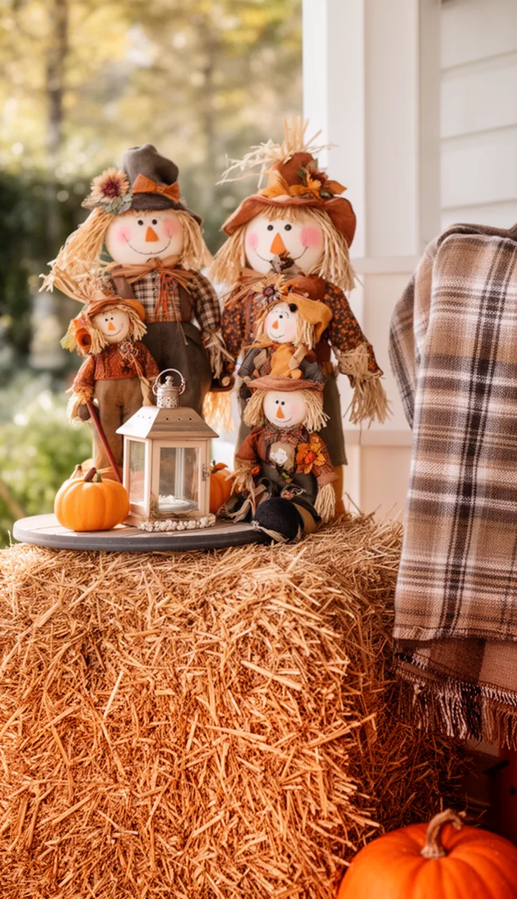 Mini tabletop scarecrows clustered on a porch table
