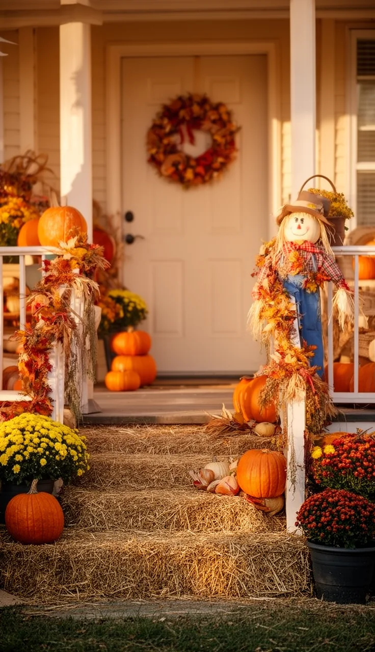 Front yard styled cohesively around a scarecrow