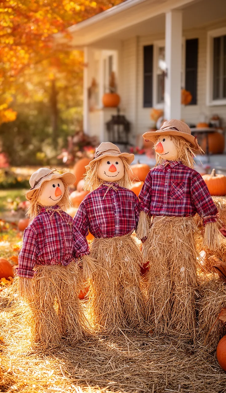 A trio of scarecrows in graduated heights