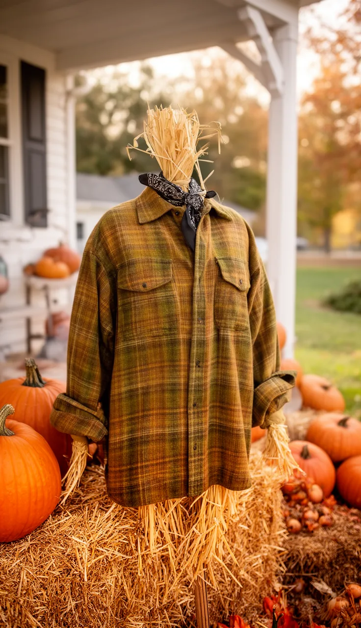 Flannel-shirt farmhouse scarecrow in fall plaid