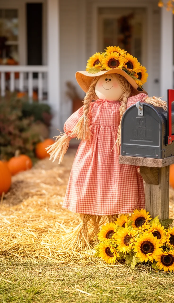 Girl scarecrow crowned with a sunflower hat