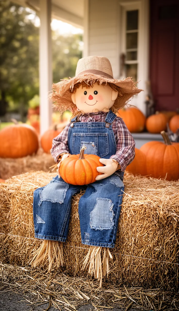 Boy scarecrow in patchwork denim overalls