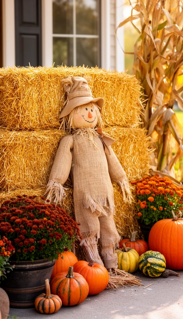 Scarecrow leaning on a hay bale with pumpkins