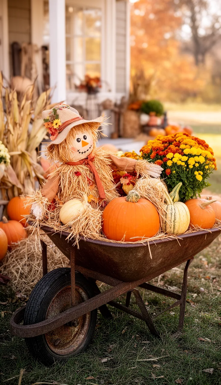 Scarecrow tucked into an old wheelbarrow of pumpkins