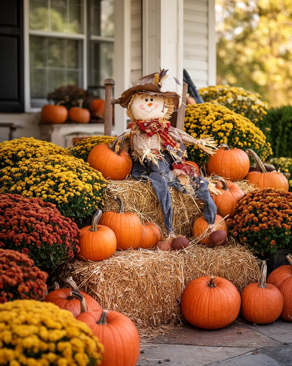 Scarecrow pumpkin and mum vignette