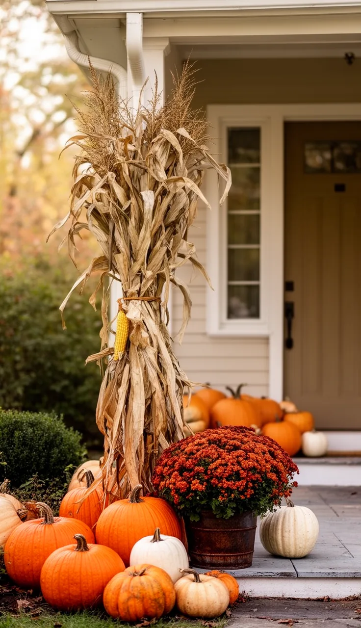 Corn stalk bundle lashed to a front porch post