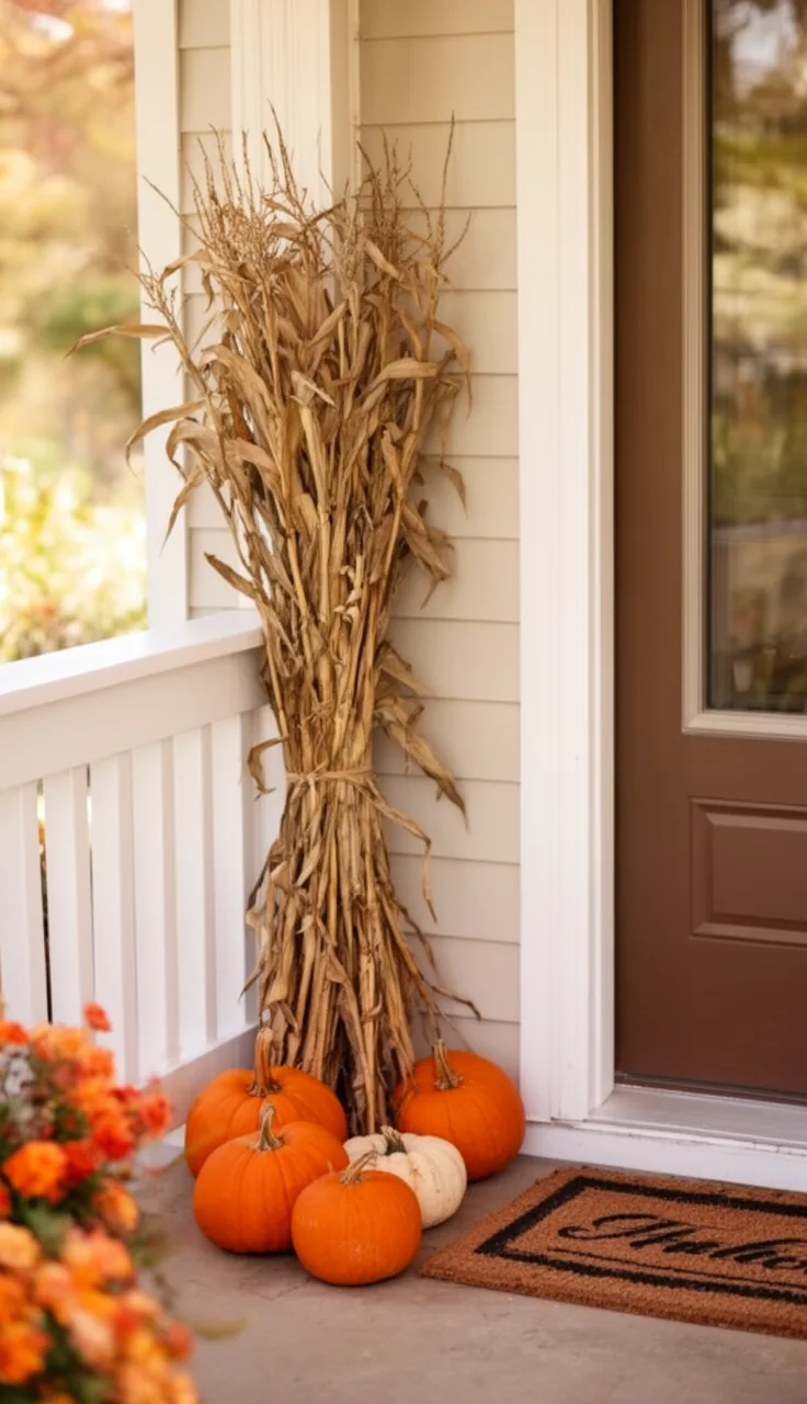 Small corn stalk bundle on a compact porch