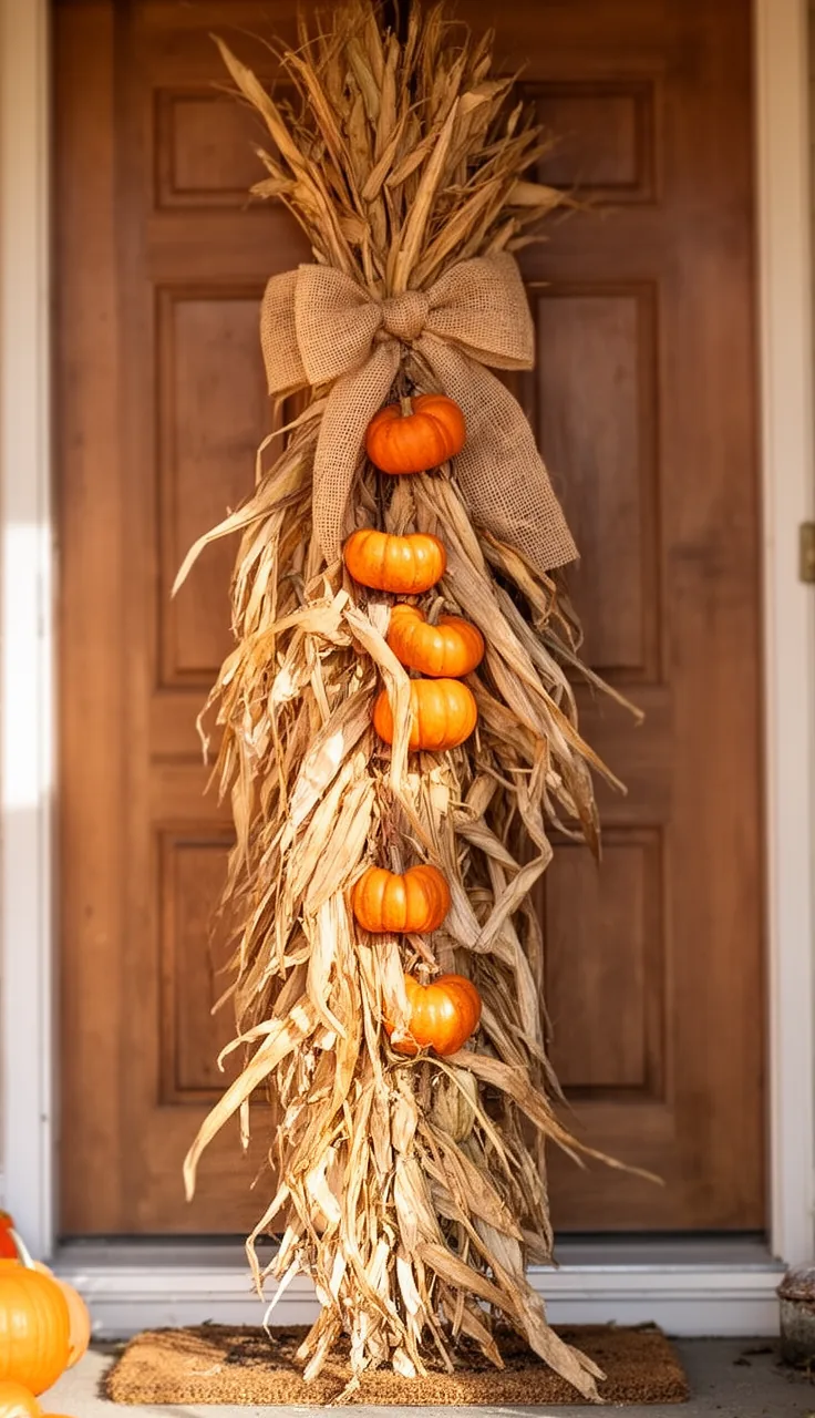 Dried corn stalk door swag on a front door