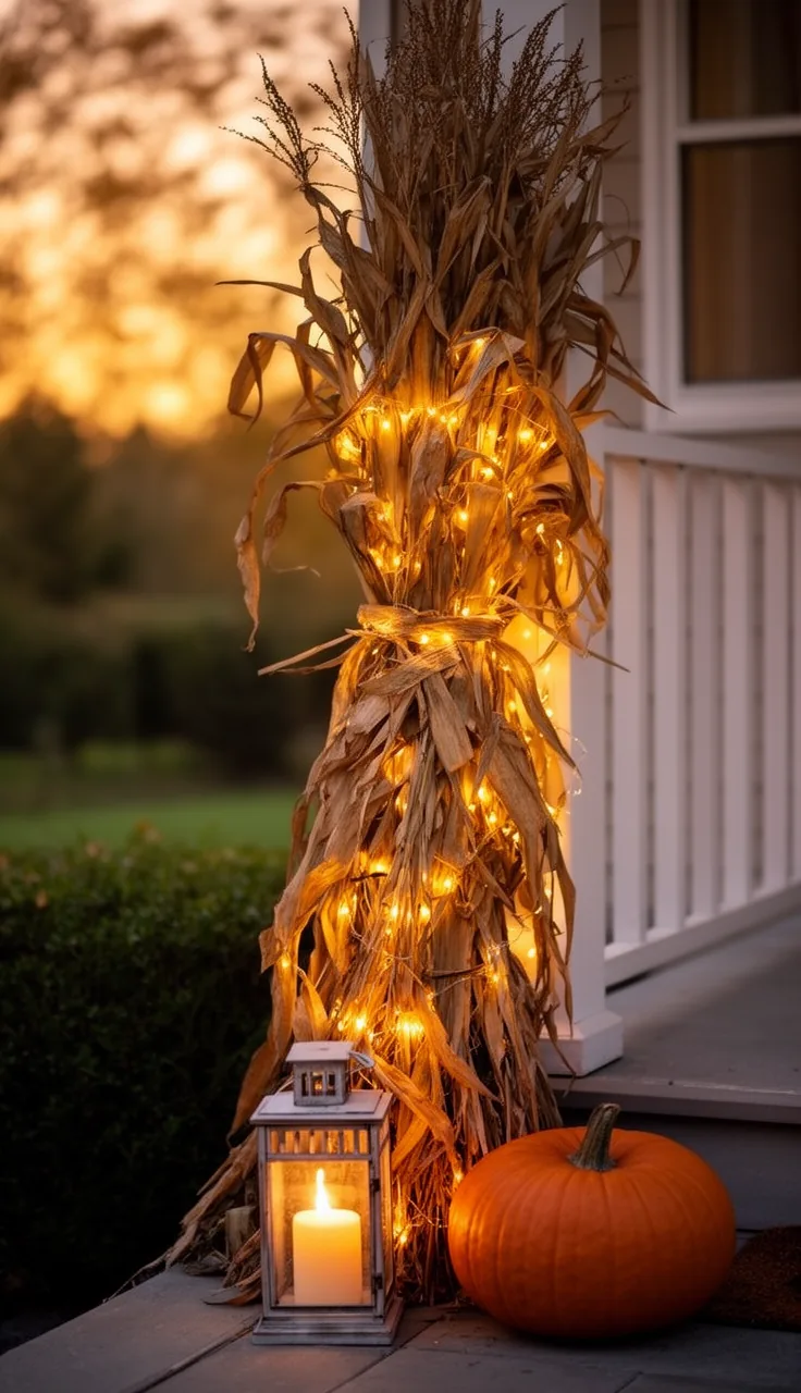 Lighted corn stalks glowing on an evening porch