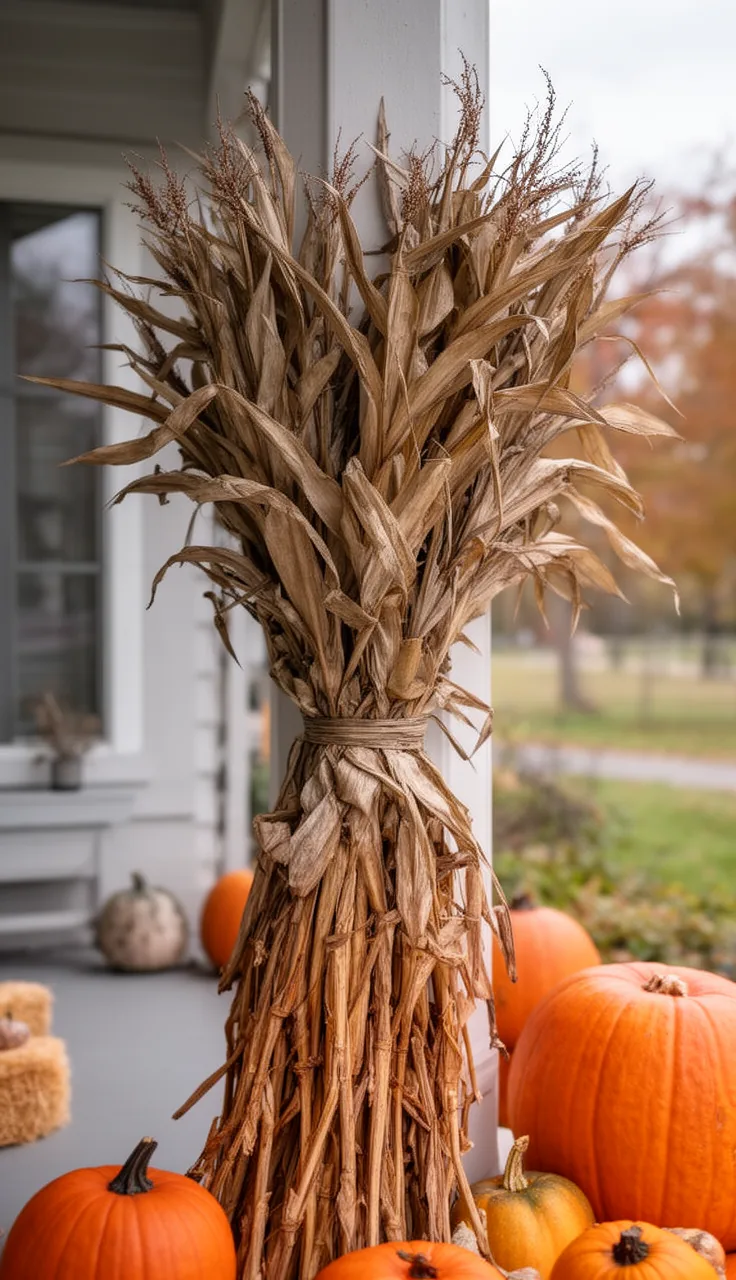 Weatherproof faux corn stalks on a windy porch