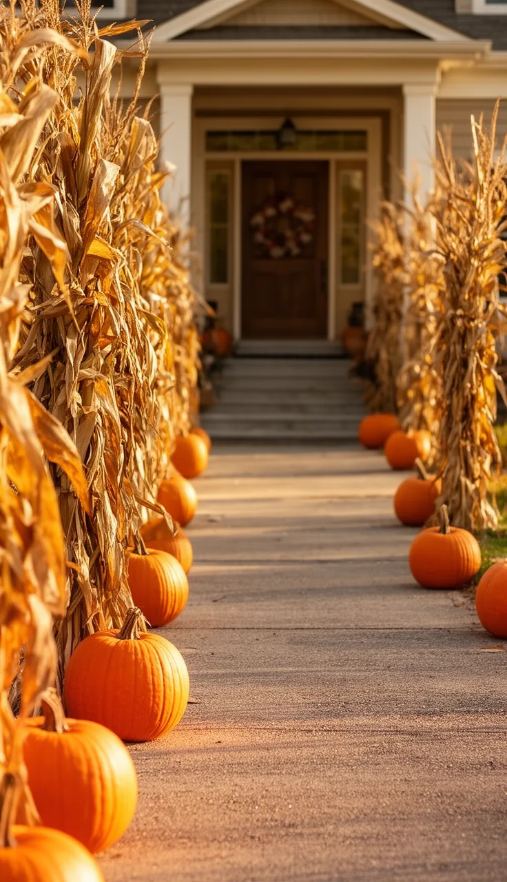 Corn stalk bundles lining a driveway