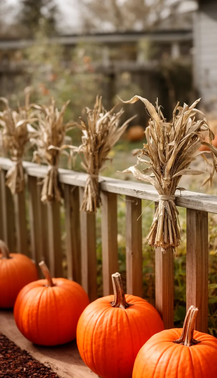 Corn stalks tied along a garden fence
