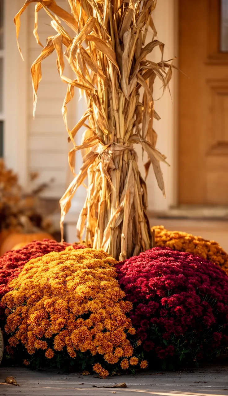 Corn stalks paired with colorful mums