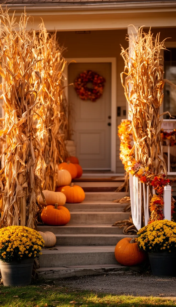 Front yard styled cohesively around corn stalks