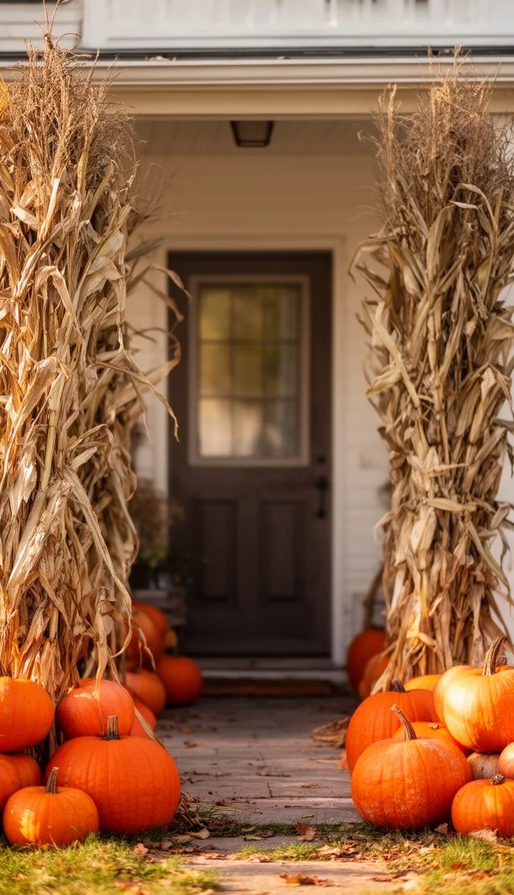 Matching corn stalks flanking a front door