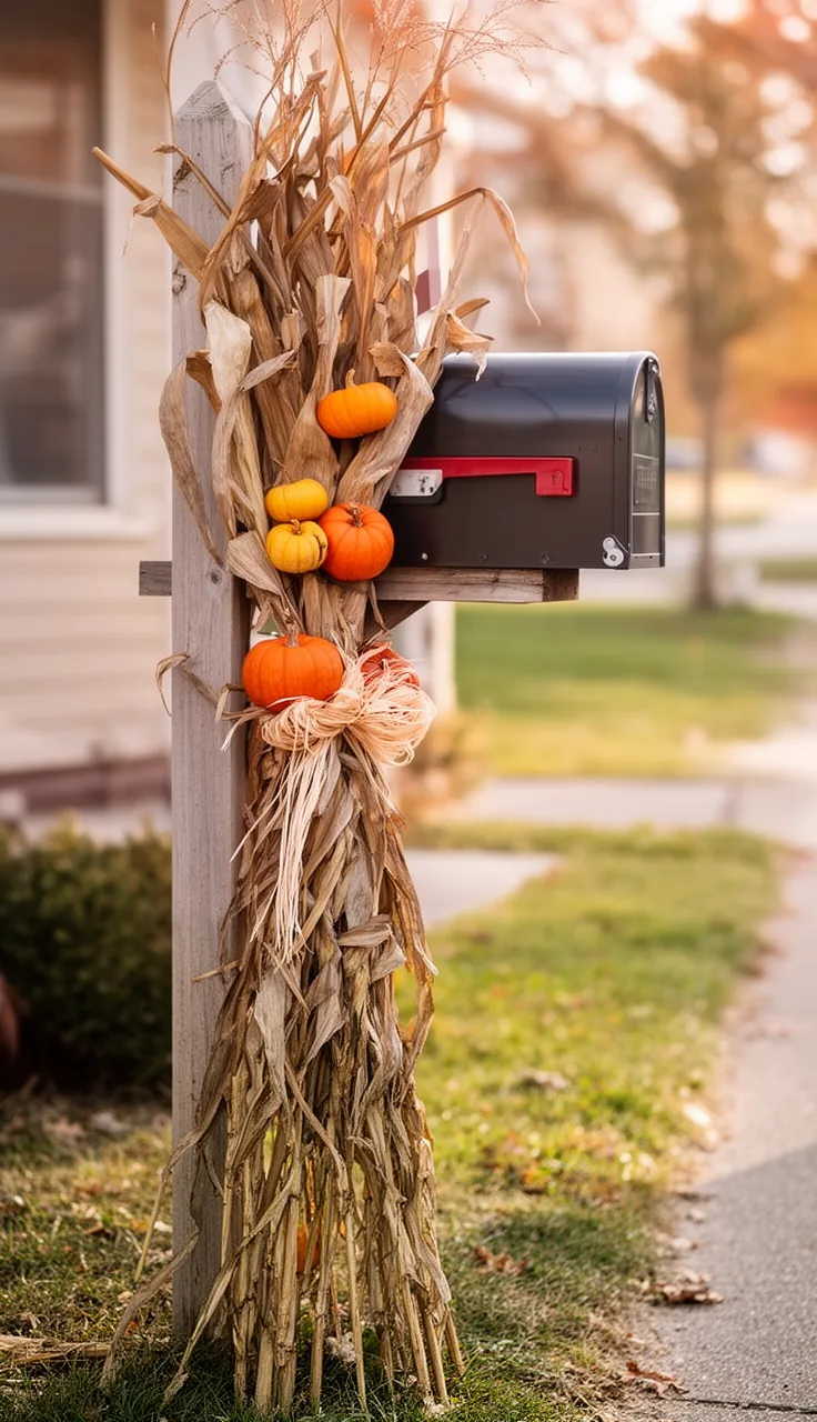 Corn stalk bundle tied to a mailbox post