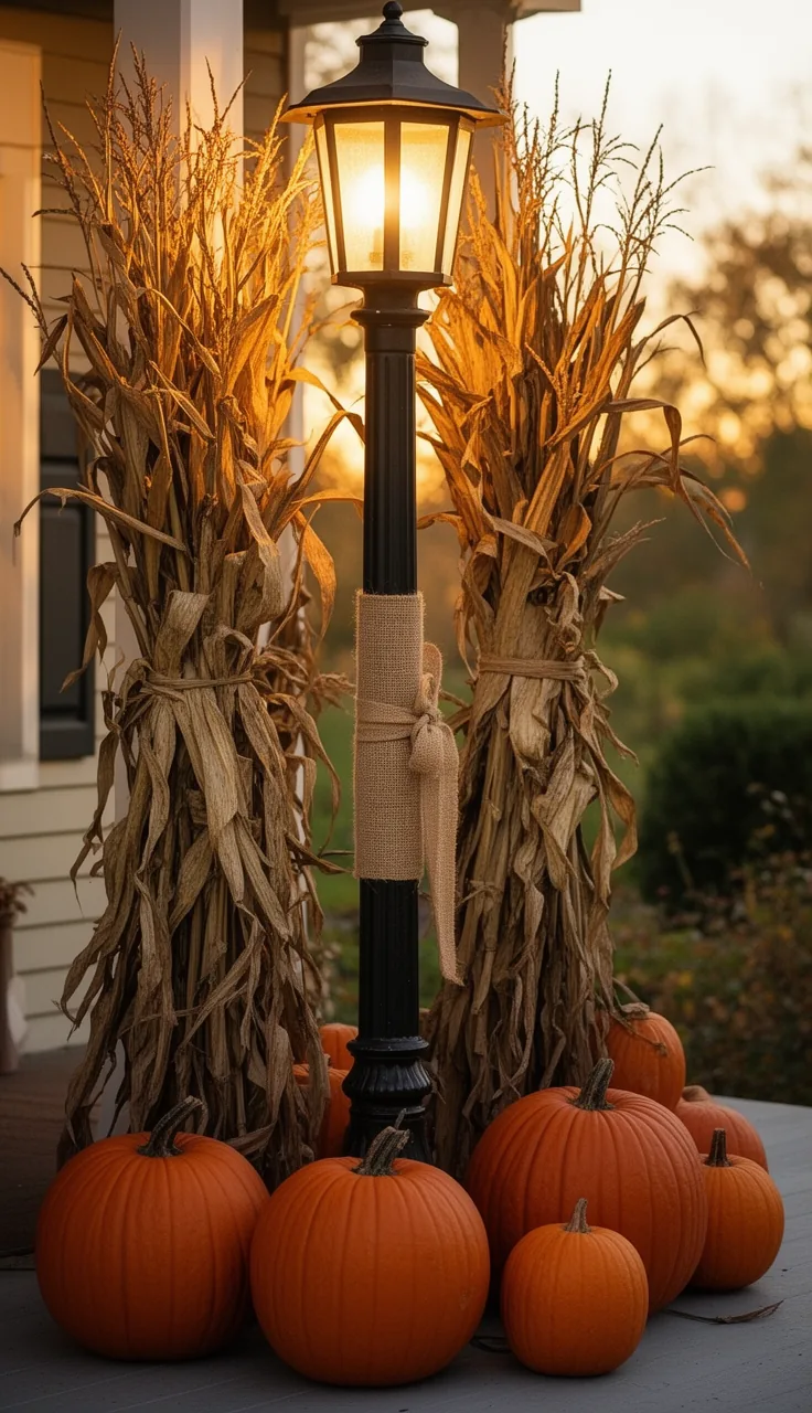 Corn stalks wrapped around a glowing lamppost