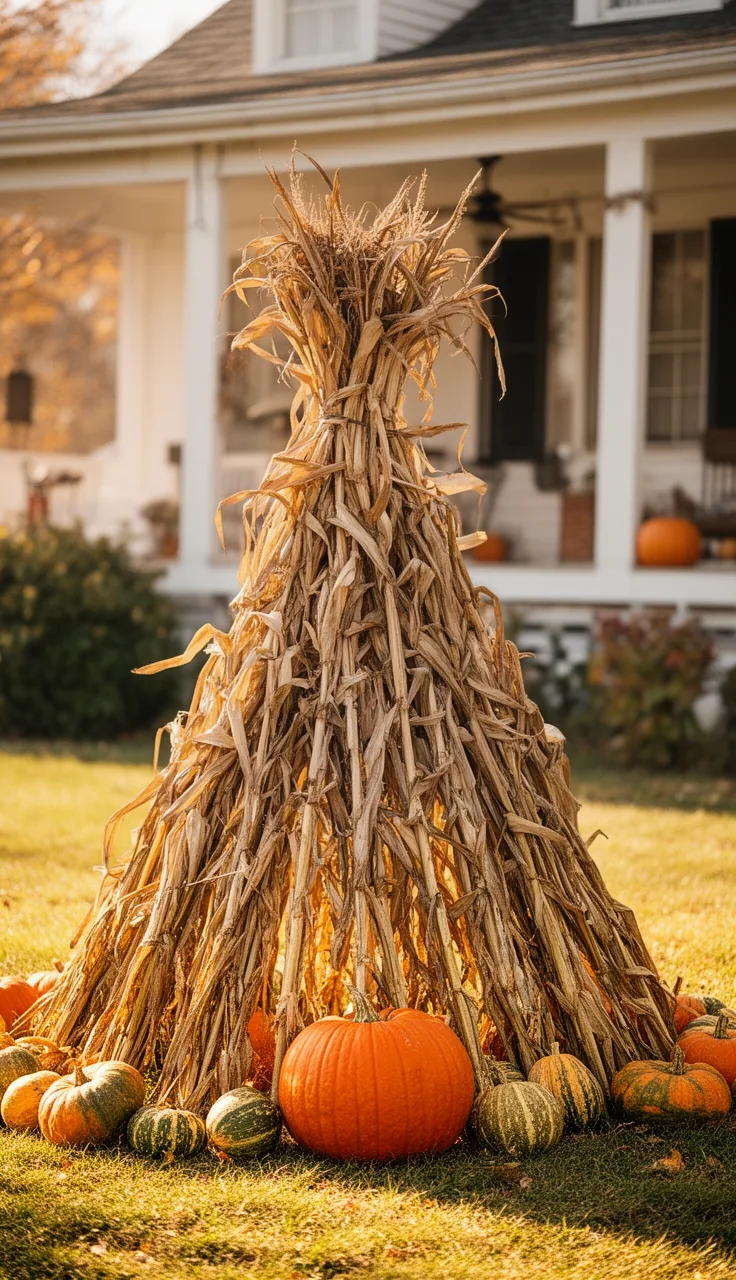 A standalone corn shock teepee in the yard