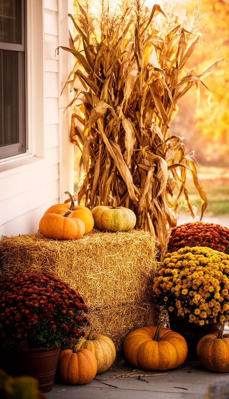 Corn stalks, pumpkins, and hay bale harvest corner