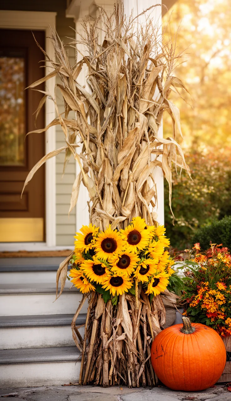 Corn stalks dressed with sunflowers