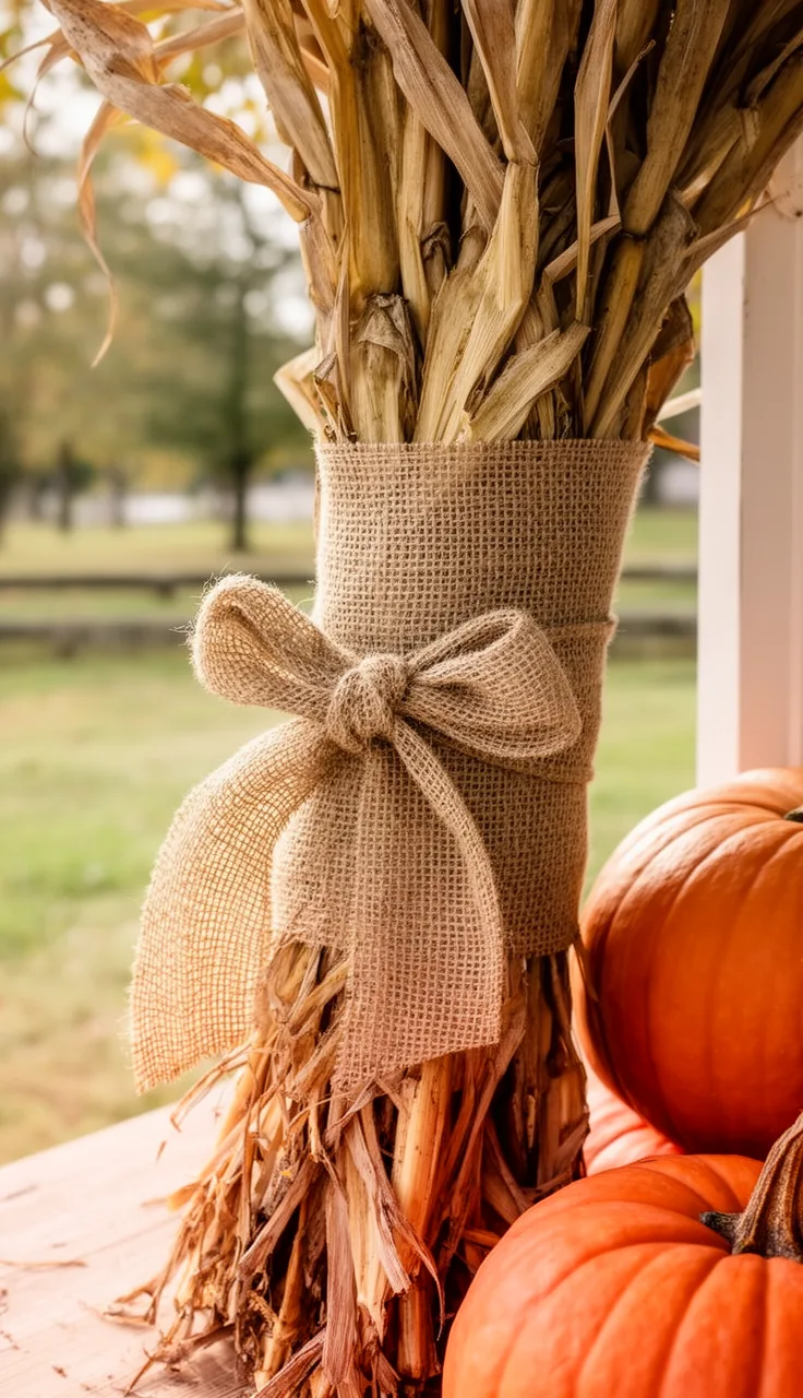 Rustic burlap-wrapped corn stalk bundle