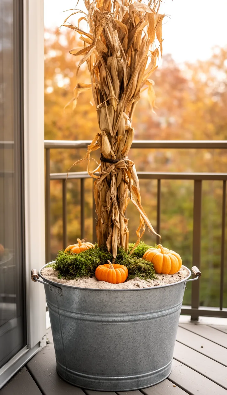 Corn stalks anchored in a galvanized bucket