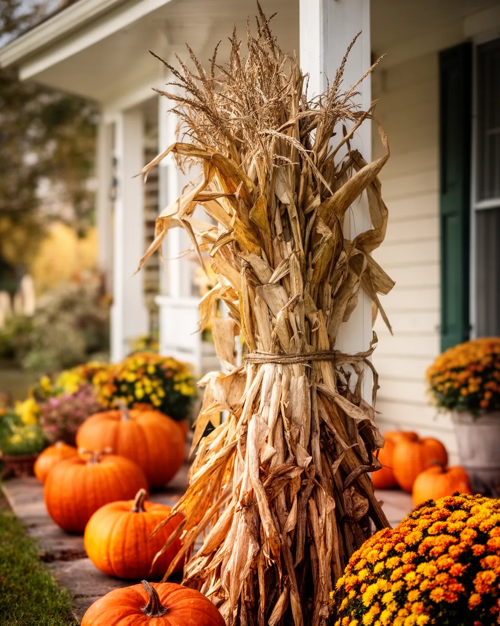 Corn stalks on a porch post