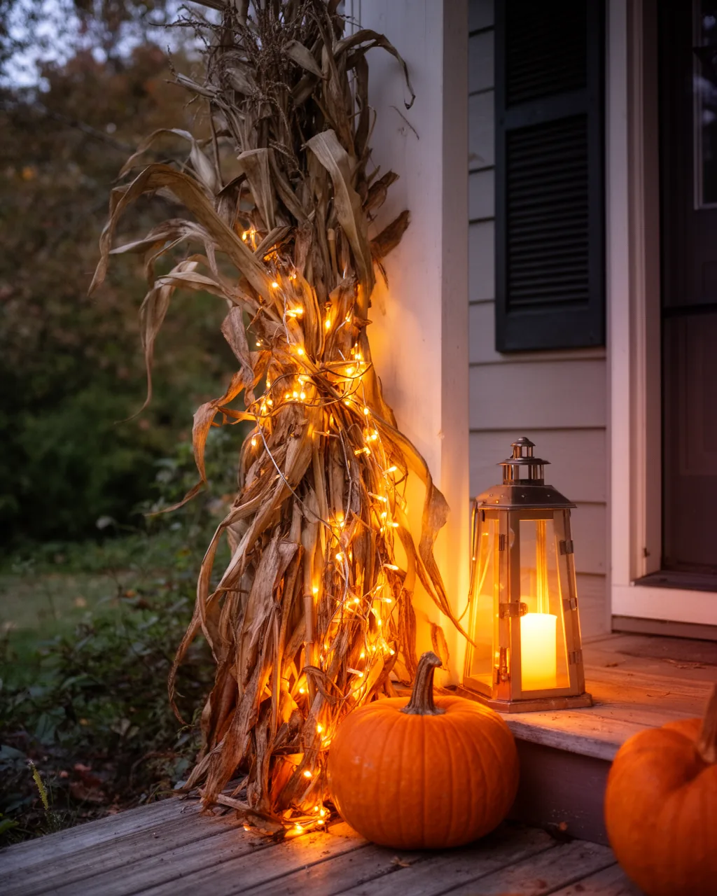 Lighted evening corn stalks