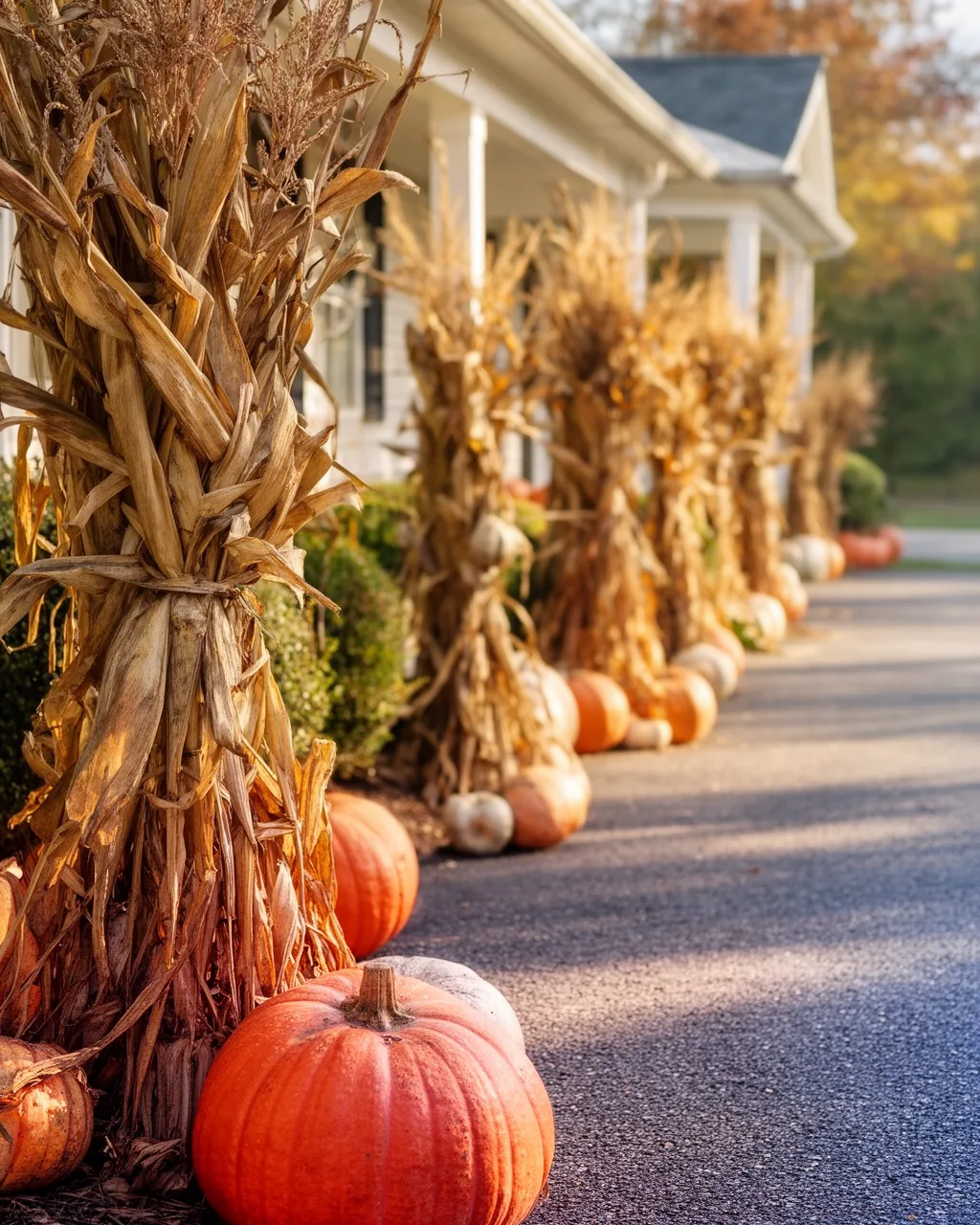 Corn stalks lining a driveway