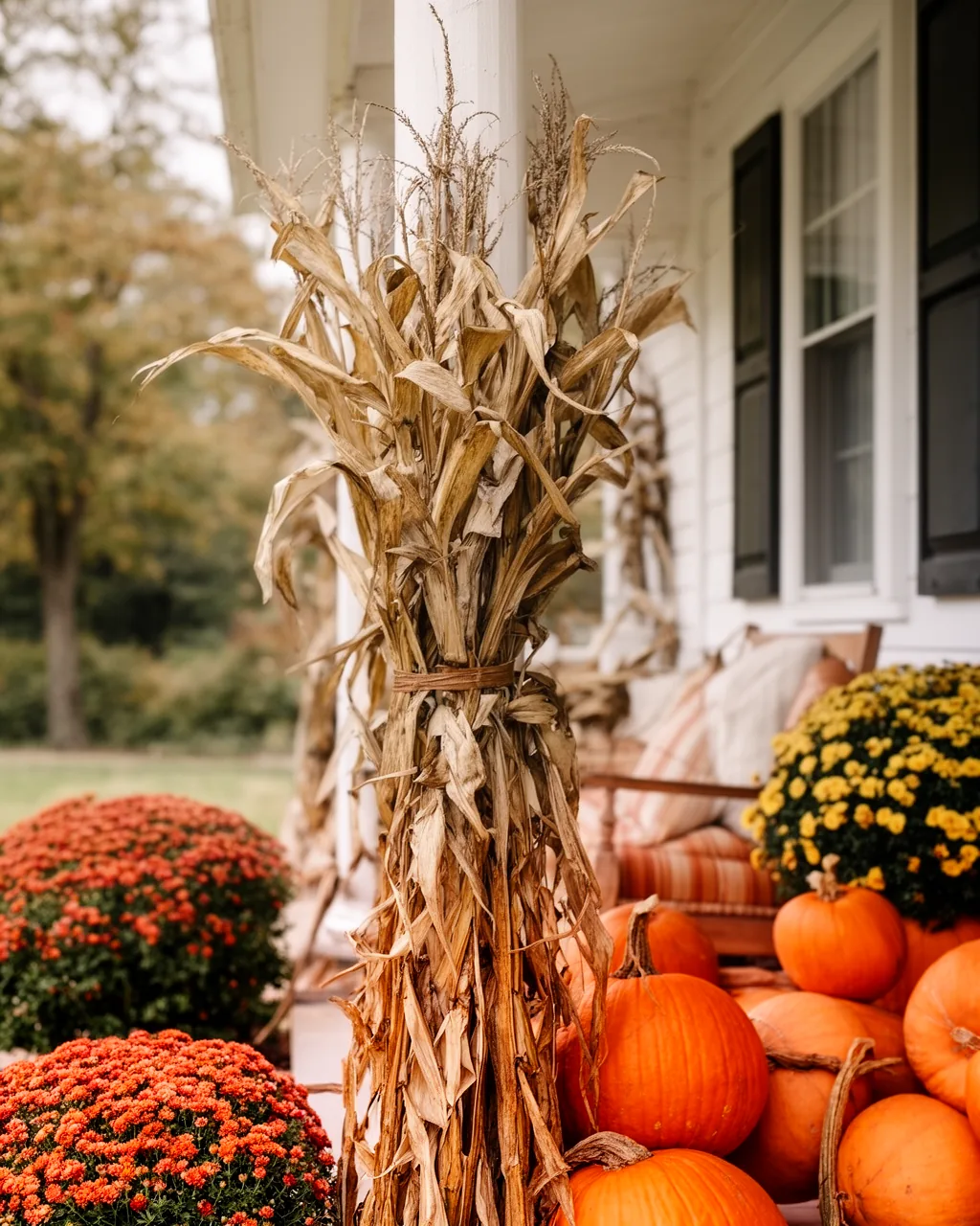 Corn stalks on a porch post