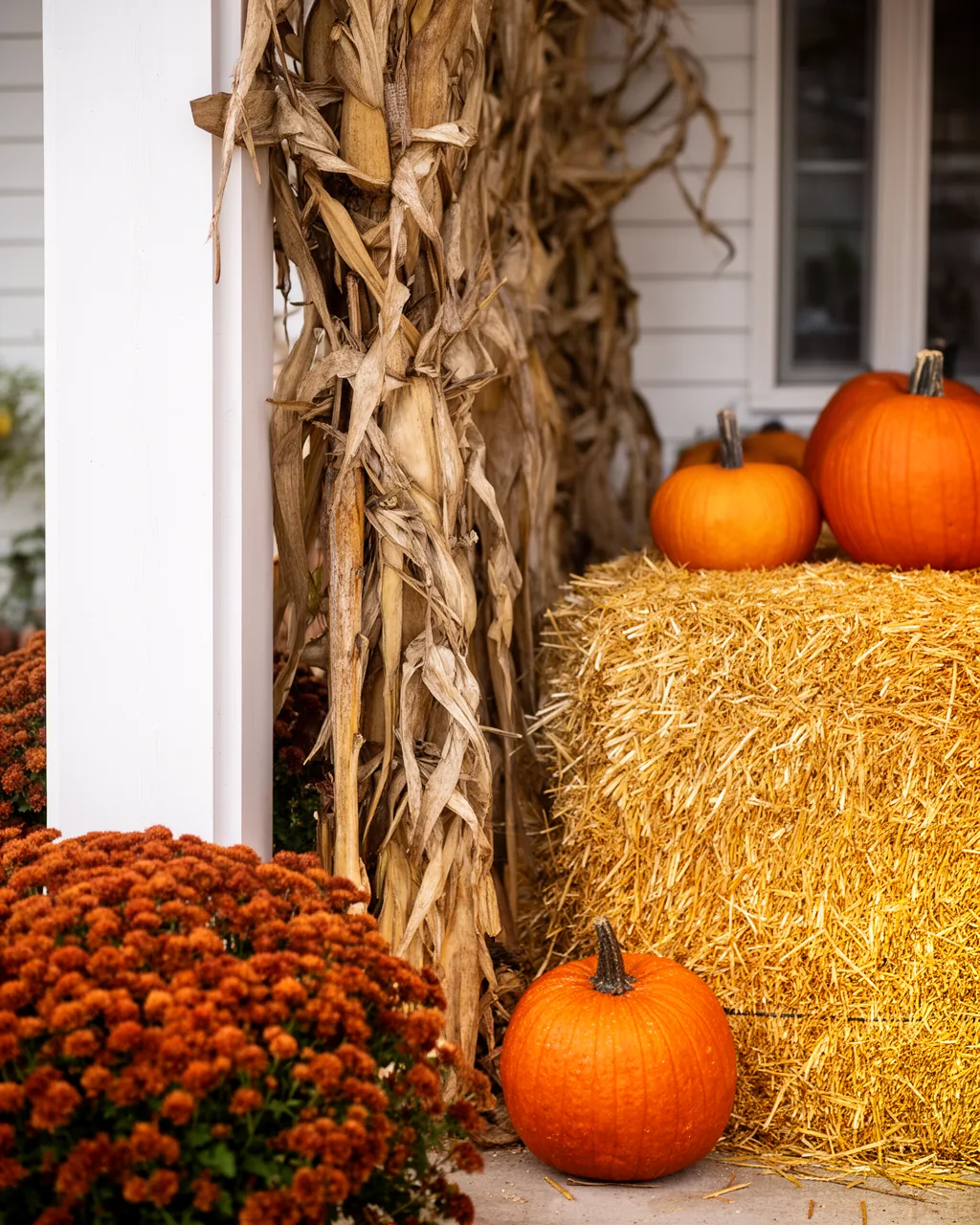 Corn stalks and hay bale