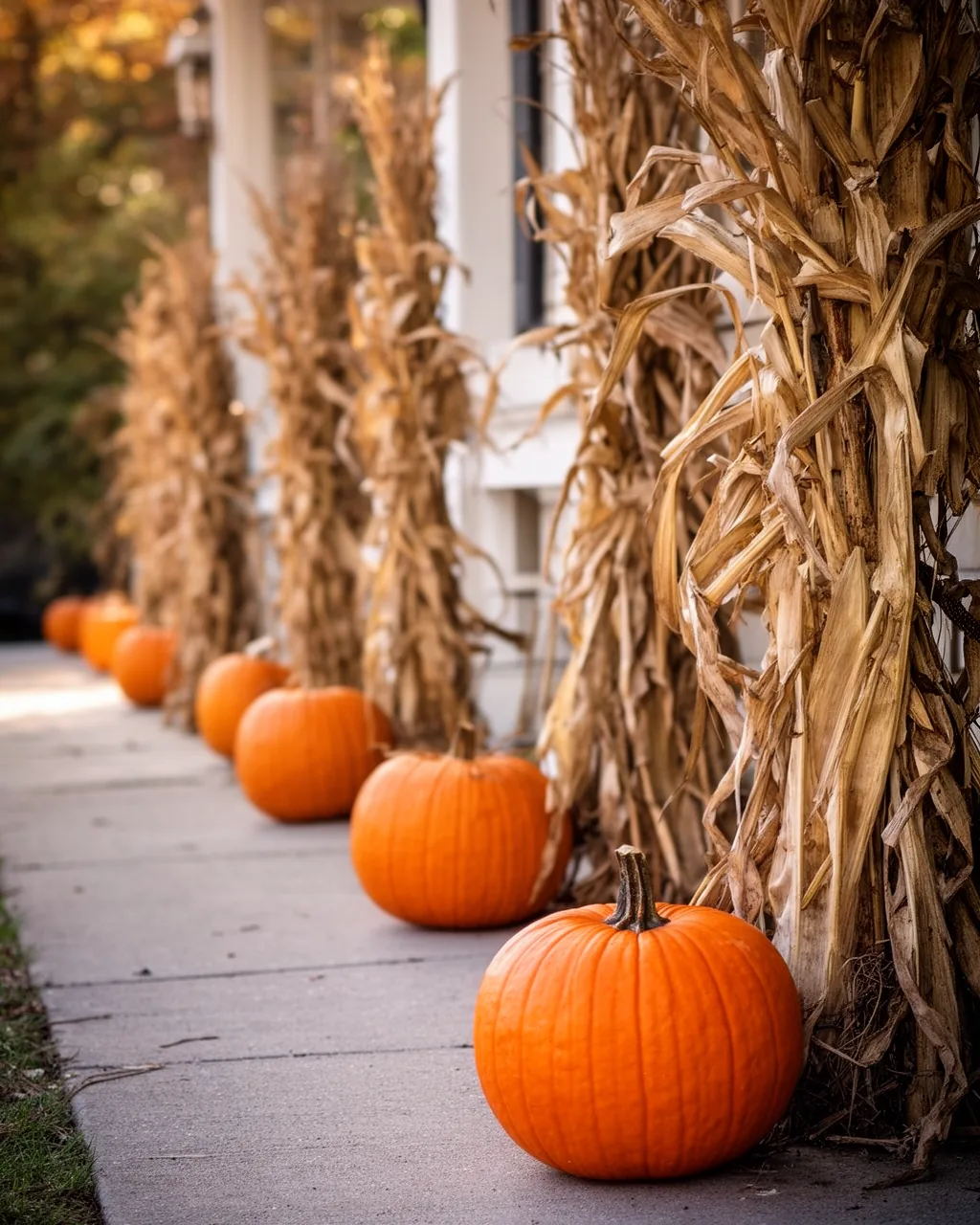 Corn stalks lining a walkway