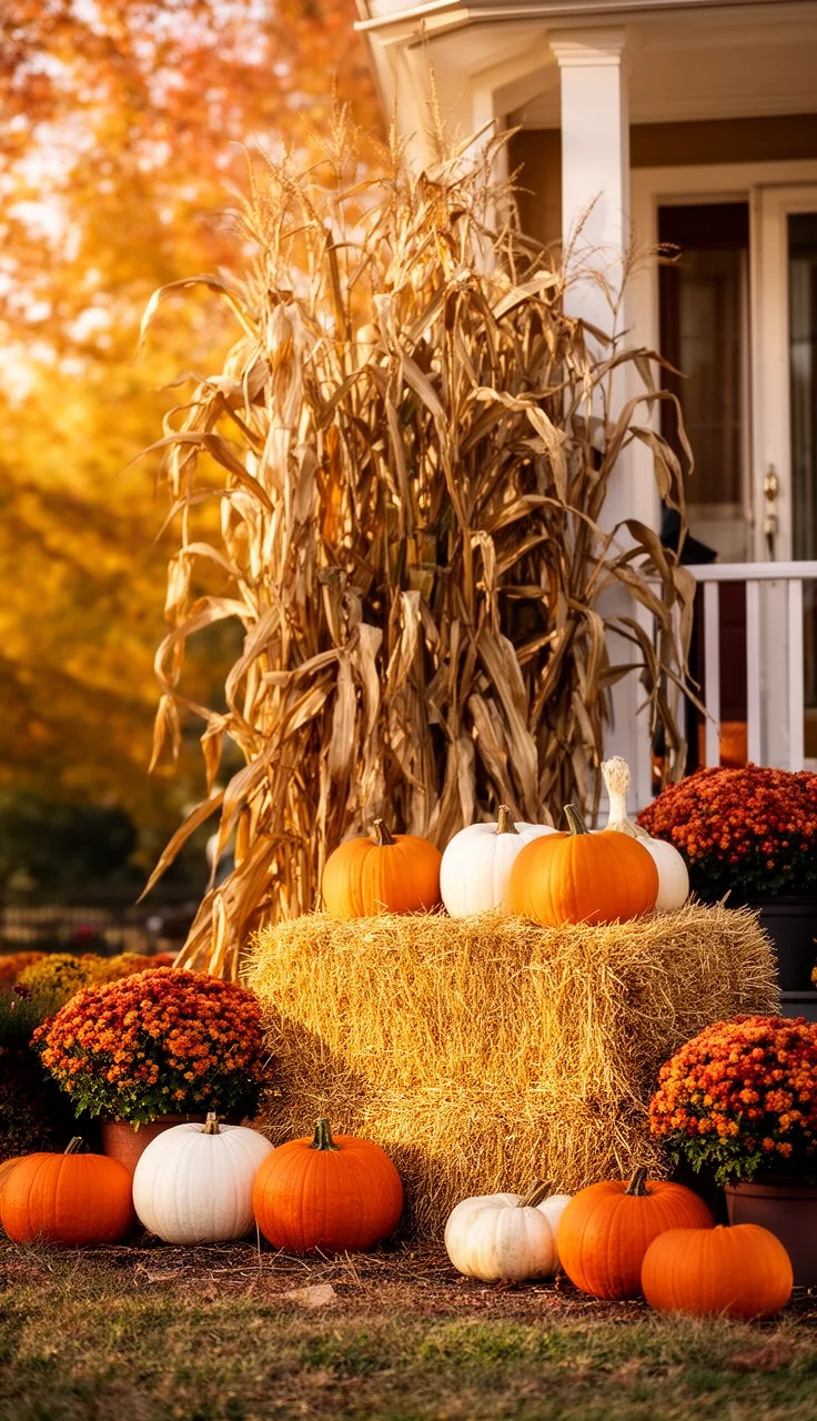 Corn stalk and hay bale harvest anchor in a fall yard