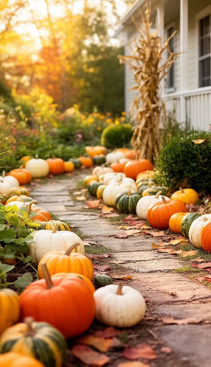 A gourd and pumpkin border along a garden path